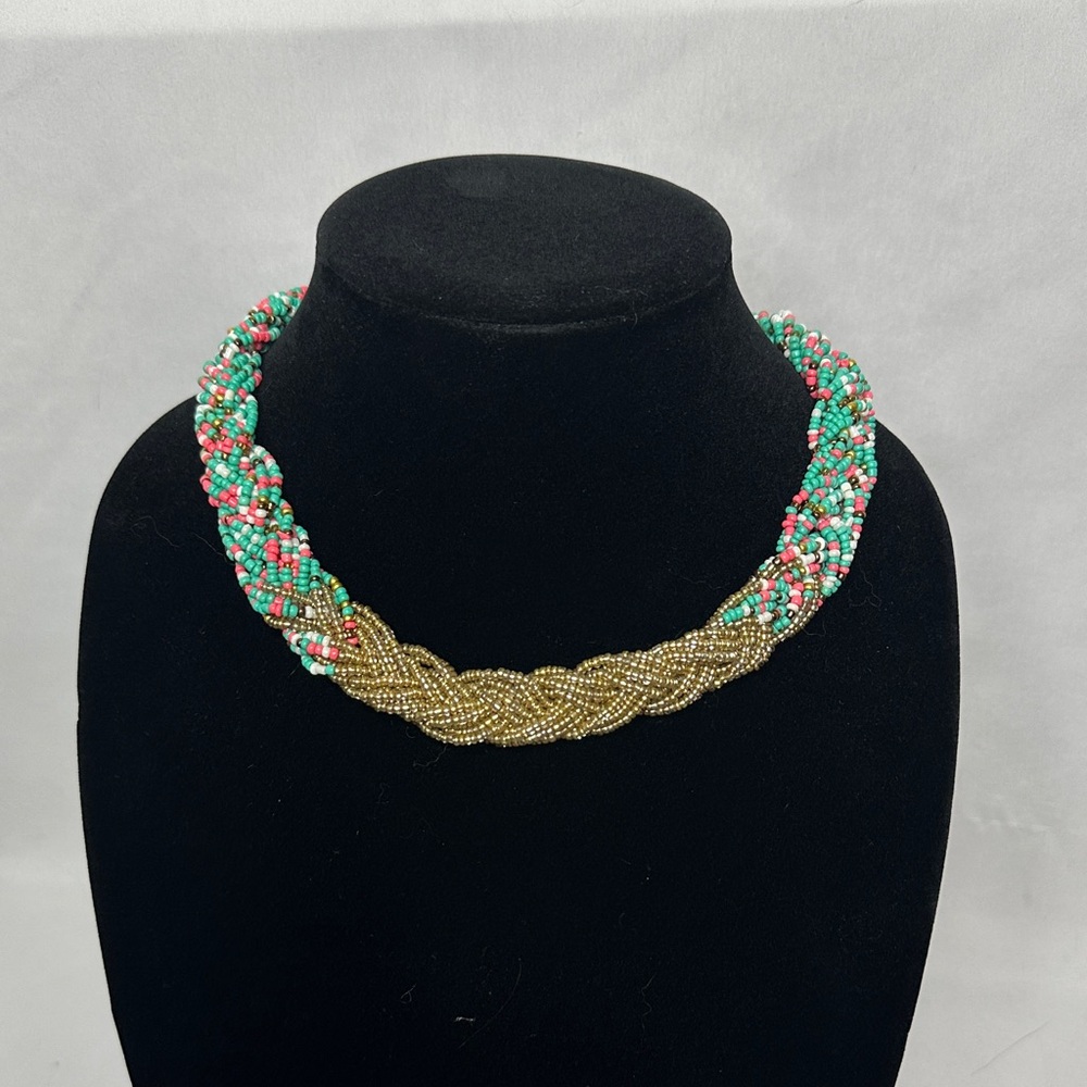 Beaded Braided Necklace in Turquoise, Coral & Gold
